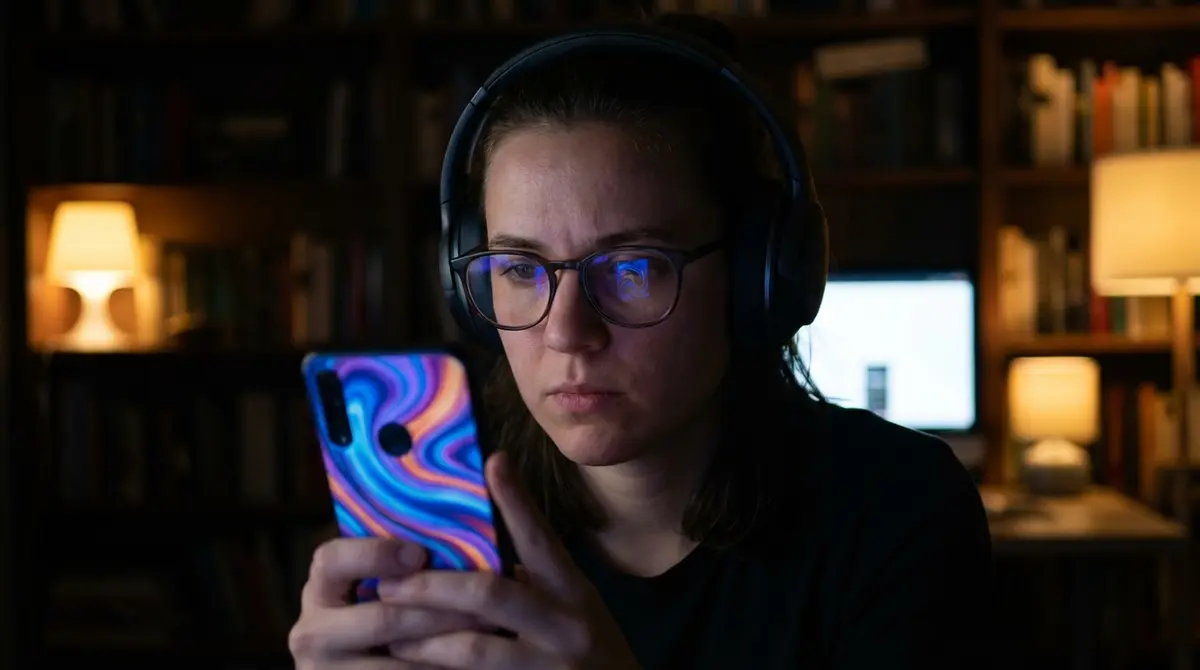Person using a smartphone with headphones in low light