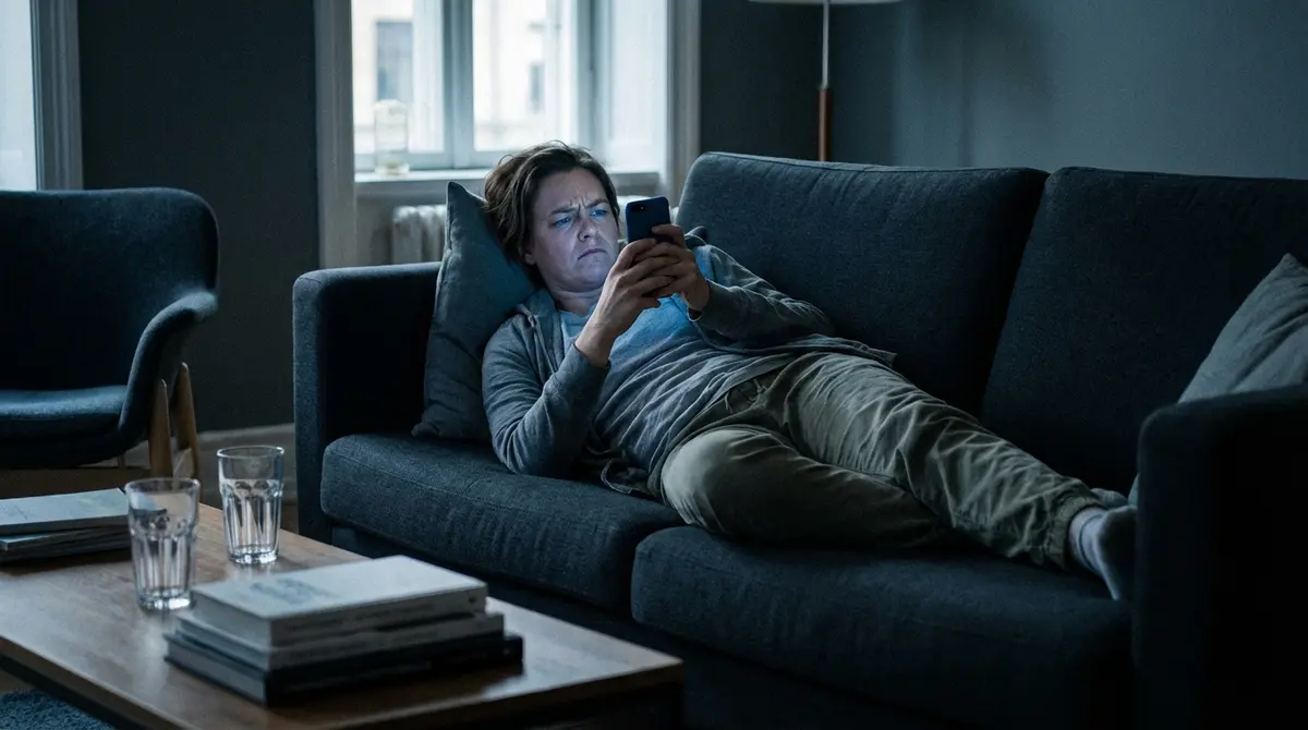 Frustrated user trying to access streaming content on a smartphone in a dark room.