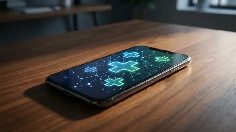 A modern smartphone displaying abstract glowing medical data on a wooden table.