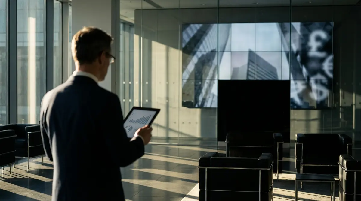 A business executive reviewing data on a tablet in a modern office.