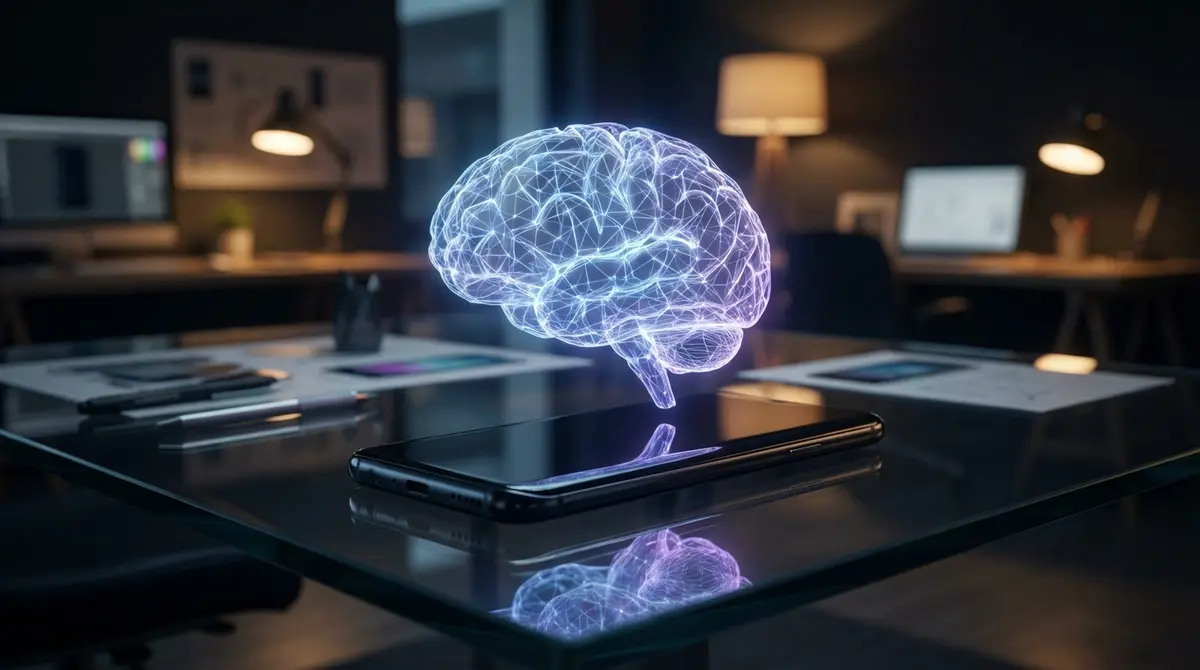 Futuristic smartphone emitting digital brain waves representing artificial intelligence.