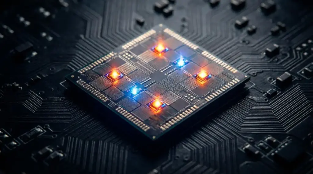 Extreme close-up of a high-tech processor chip glowing with localized thermal energy.