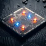 Extreme close-up of a high-tech processor chip glowing with localized thermal energy.