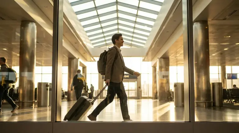 Professional walking through a modern airport terminal with luggage.