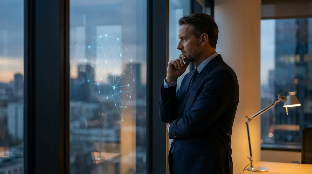 Executive looking at city skyline with subtle digital overlay representing AI integration.