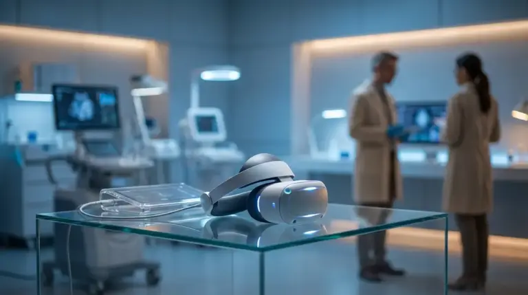 A sleek, non-invasive ultrasound brain interface headset on a glass table.