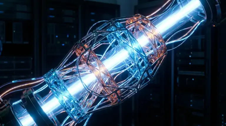 Abstract digital harness structure guiding a central AI light source