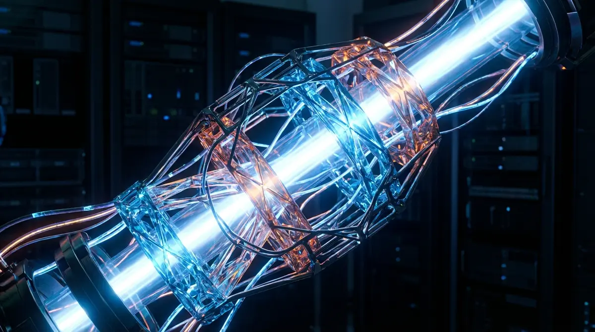 Abstract digital harness structure guiding a central AI light source