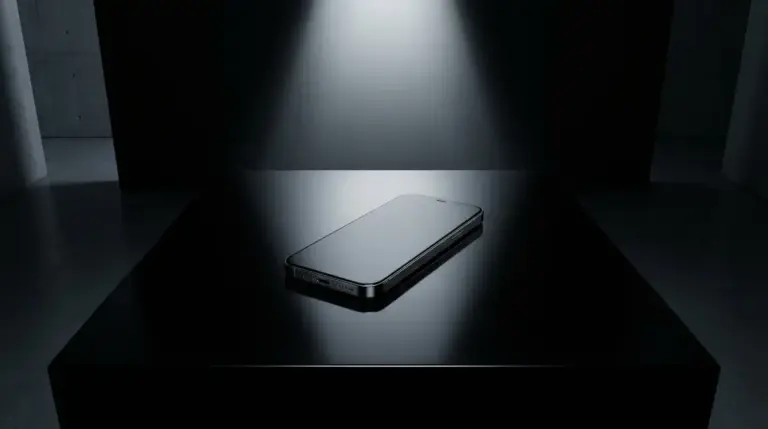 Sleek smartphone on a dark reflective surface representing mobile cybersecurity threats.