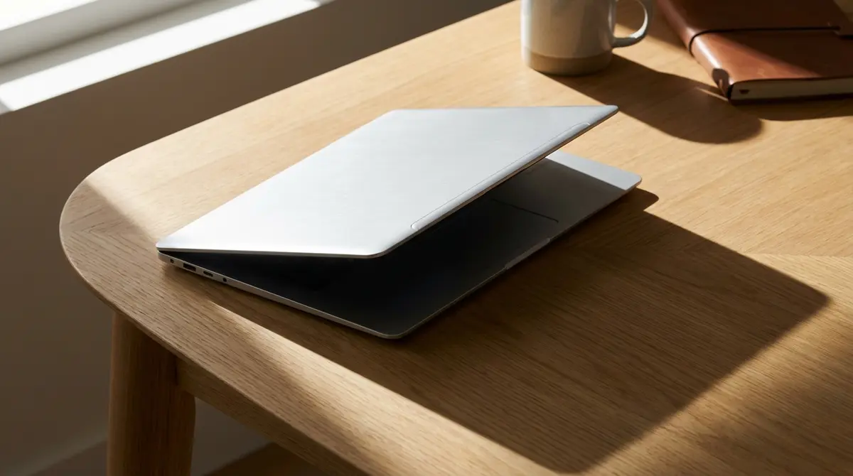 A sleek modern silver laptop resting open on a wooden desk.