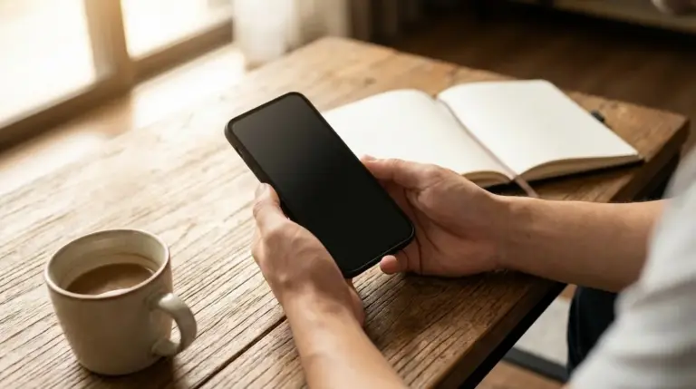 A person checking their smartphone at a morning coffee table.