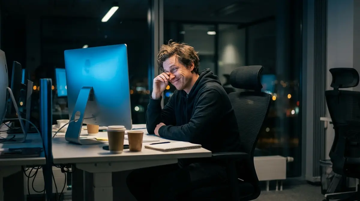 Person working at computer in low light office environment.