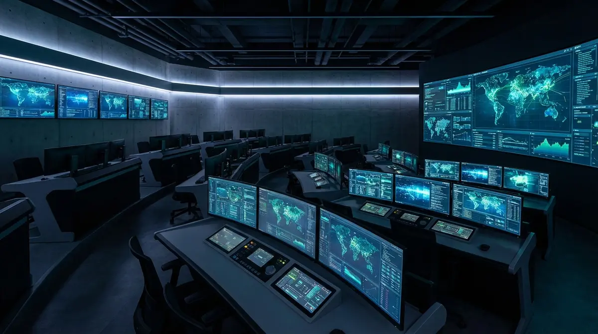 Dark military command center with glowing digital map screens