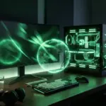Futuristic glowing PC gaming setup with abstract holographic AI sphere hovering above desk.