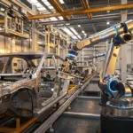 Advanced industrial robotic arm working on a futuristic automotive production line.