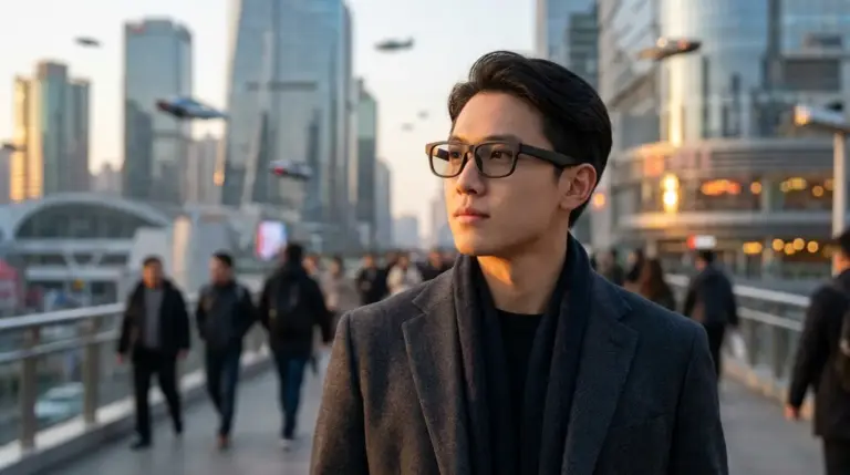 Close up of a person wearing stylish smart glasses in a city setting.
