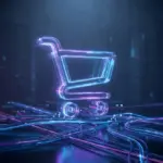 Futuristic digital shopping cart floating over a glowing fiber optic data network.