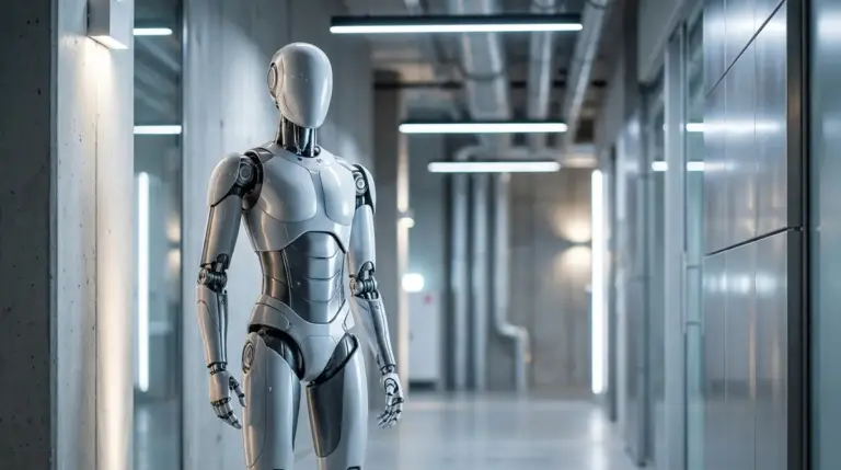 Sleek humanoid robot standing in a brightly lit industrial hallway.