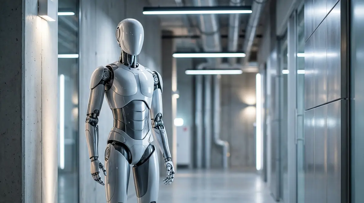 Sleek humanoid robot standing in a brightly lit industrial hallway.
