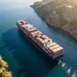 Aerial view of a large cargo ship navigating through a narrow ocean strait.
