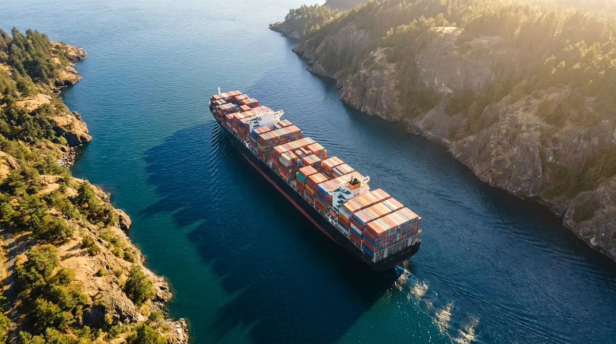 Aerial view of a large cargo ship navigating through a narrow ocean strait.