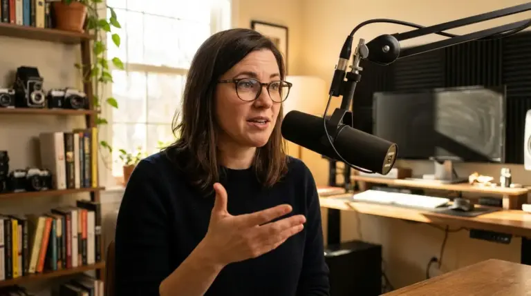Professional content creator speaking into a microphone in a home studio