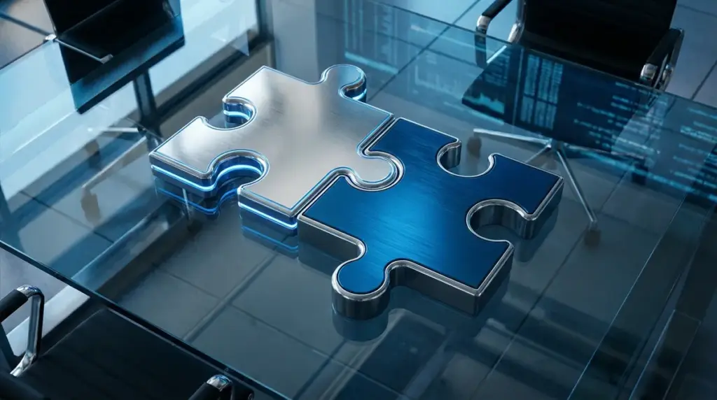 Two glowing corporate puzzle pieces connecting on a sleek glass desk
