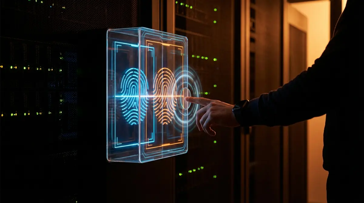 Glowing digital security gateway representing biometric human verification